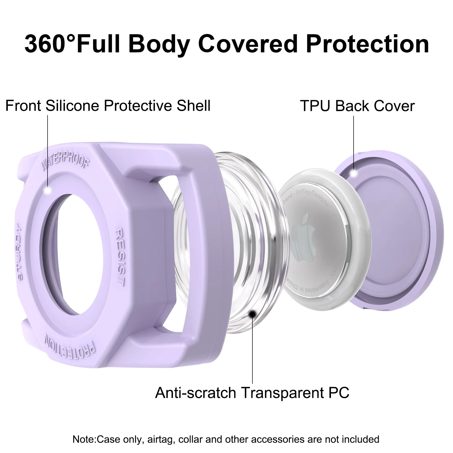 Airtag Dog Collar Holder, [1 Pack] Waterproof Airtag Case for Dog Collar, TPU & Silicone Full Body Covered Anti-Lost Apple Air Tag Collar Holder Airtag Case for Pet Collar Backpack, Purple